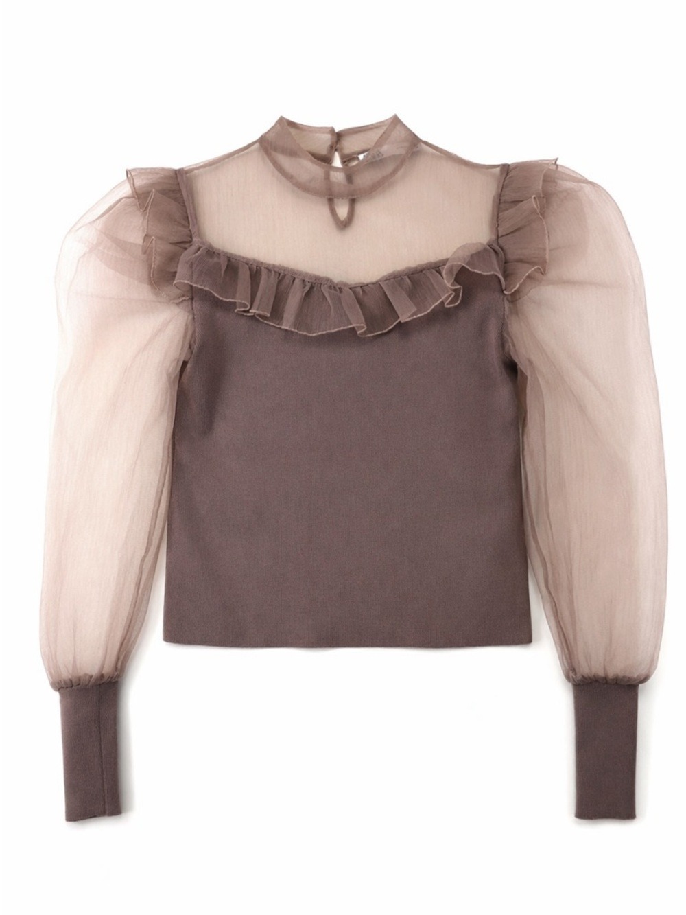 Zara romantic knit organza Bridgerton inspired mocha neutral top Small